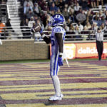 Duke wide receiver Sahmir Hagans stands in the end zone after scoring during the first half of an NCAA college football game against Boston College, Friday, Nov. 4, 2022 in Boston. (AP Photo/Mark Stockwell)