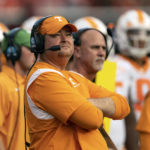 Tennessee coach Josh Heupel watches from the sideline during the first half of the team's NCAA college football game against Georgia on Saturday, Nov. 5, 2022 in Athens, Ga. (AP Photo/John Bazemore)