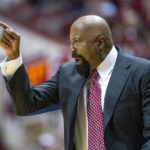 Indiana head coach Mike Woodson gestures during the first half of an NCAA college basketball game against Morehead State, Monday, Nov. 7, 2022, in Bloomington, Ind. (AP Photo/Doug McSchooler)