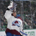 Colorado Avalanche goaltender Alexandar Georgiev skates around the net after making a save in the first period of an NHL hockey game against the Dallas Stars Monday, Nov. 21, 2022, in Dallas. (AP Photo/Tony Gutierrez)