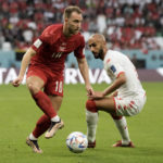 
              Denmark's Christian Eriksen controls the ball during the World Cup group D soccer match between Denmark and Tunisia, at the Education City Stadium in Al Rayyan , Qatar, Tuesday, Nov. 22, 2022. (AP Photo/Hassan Ammar)
            