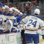 
              Buffalo Sabres center Dylan Cozens (24) celebrates his goal against the Detroit Red Wings in the second period of an NHL hockey game Wednesday, Nov. 30, 2022, in Detroit. (AP Photo/Paul Sancya)
            
