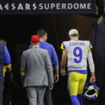 Los Angeles Rams quarterback Matthew Stafford leaves the field in the second half of an NFL football game against the New Orleans Saints in New Orleans, Sunday, Nov. 20, 2022. (AP Photo/Butch Dill)