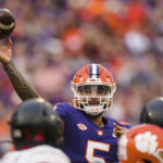 
              Clemson quarterback DJ Uiagalelei (5) passes the ball in the first half of an NCAA college football game against Louisville, Saturday, Nov. 12, 2022, in Clemson, S.C. (AP Photo/Jacob Kupferman)
            
