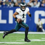 Philadelphia Eagles quarterback Jalen Hurts (1) scrambles in the first half of an NFL football game against the Indianapolis Colts in Indianapolis, Sunday, Nov. 20, 2022. (AP Photo/AJ Mast)