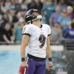 
              Baltimore Ravens place kicker Justin Tucker (9) reacts after missing a field goal resulting in the Jacksonville Jaguars to win during the second half of an NFL football game, Sunday, Nov. 27, 2022, in Jacksonville, Fla. (AP Photo/Phelan M. Ebenhack)
            