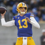California quarterback Jack Plummer (13) passes against UCLA during the first half of an NCAA college football game in Berkeley, Calif., Friday, Nov. 25, 2022. (AP Photo/Jed Jacobsohn)