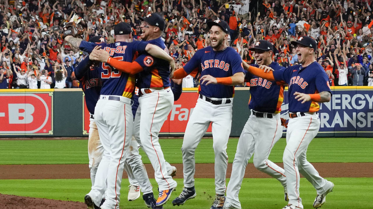 The Houston Astros celebrate their 4-1 World Series win against the Philadelphia Phillies in Game 6...