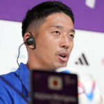 Japan's goalkeeper Shuichi Gonda speaks during the Japan official press conference on the eve of the group E of World Cup soccer match between Japan and Spain, in Doha, Qatar, Wednesday, Nov. 30, 2022. (AP Photo/Eugene Hoshiko)