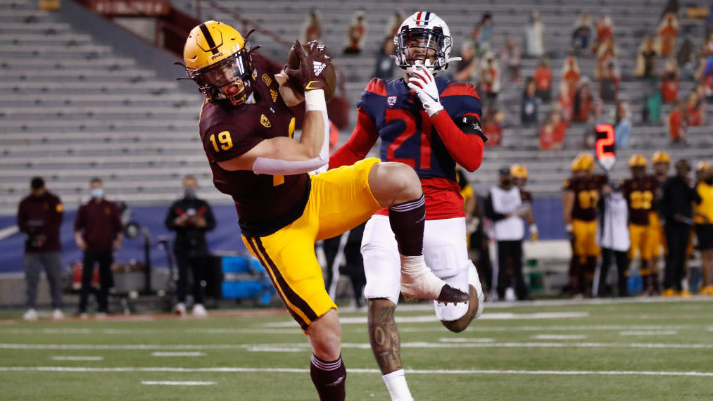 Wide receiver Ricky Pearsall #19 of the Arizona State Sun Devils catches a 31-yard touchdown recept...