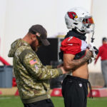 Arizona Cardinals CB Byron Murphy Jr. gets tended to during practice on Wednesday, Dec. 7, 2022, in Tempe. (Tyler Drake/Arizona Sports)
