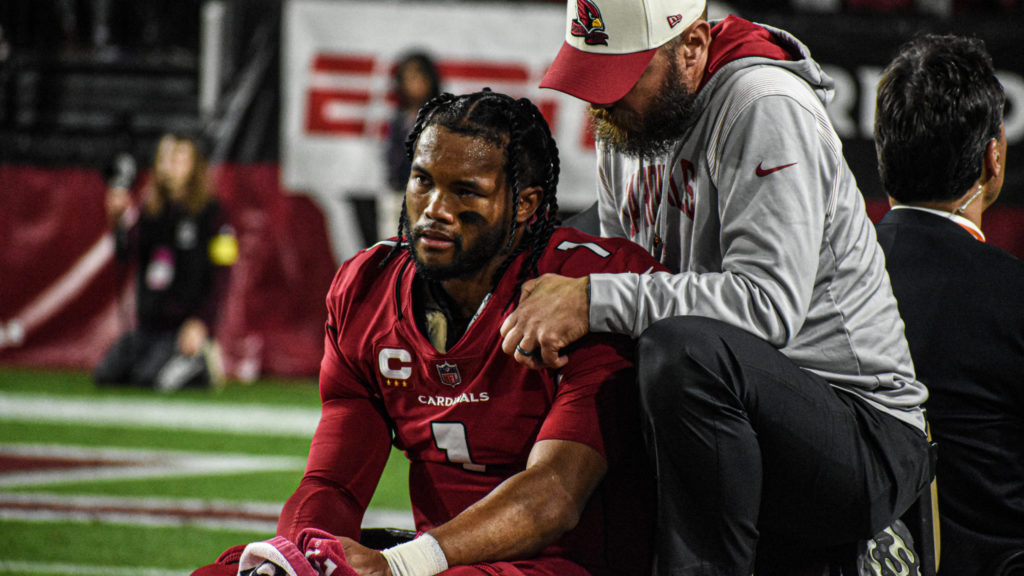 Arizona Cardinals quarterback Kyler Murray is carted off the field after a knee injury against the ...