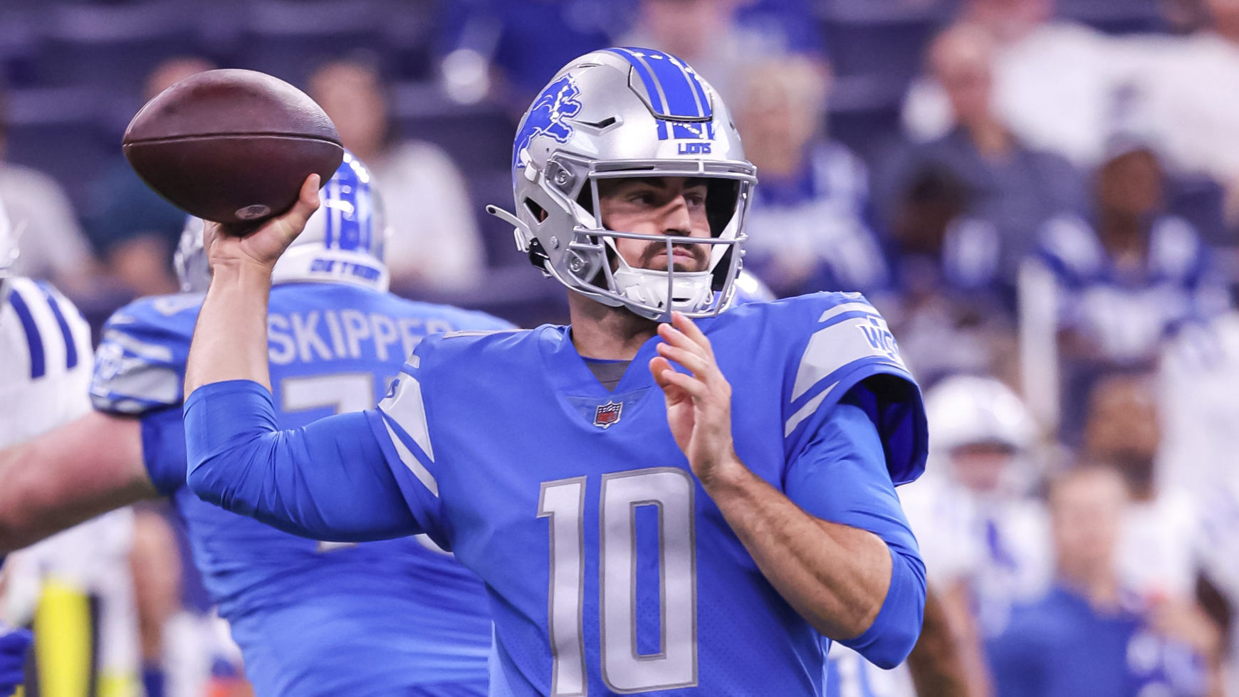 David Blough #10 of Detroit Lions throws the ball during the first half against the Indianapolis Co...