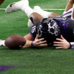 Max Duggan #15 of the TCU Horned Frogs reacts after being called down just short of the goal line in overtime against the Kansas State Wildcats  the Big 12 Football Championship at AT&T Stadium on December 3, 2022 in Arlington, Texas. Kansas State won 31-28 in overtime. (Photo by Ron Jenkins/Getty Images)