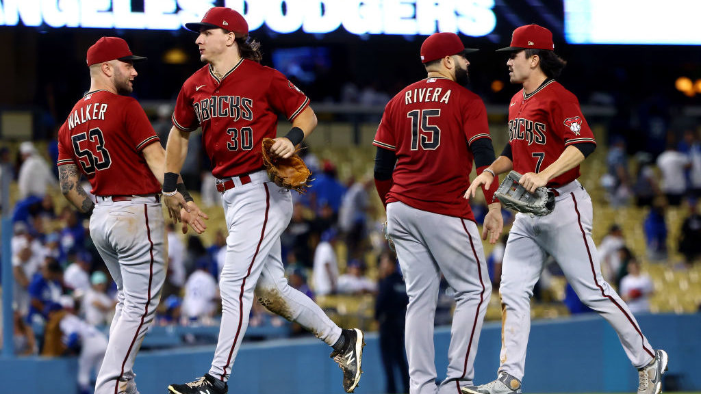 The Arizona Diamondbacks celebrate their 5-2 win against the Los Angeles Dodgers after game two of ...