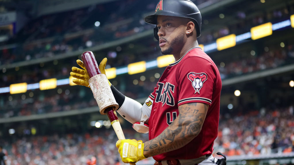 Ketel Marte #4 of the Arizona Diamondbacks waits on deck during the first inning against the Housto...