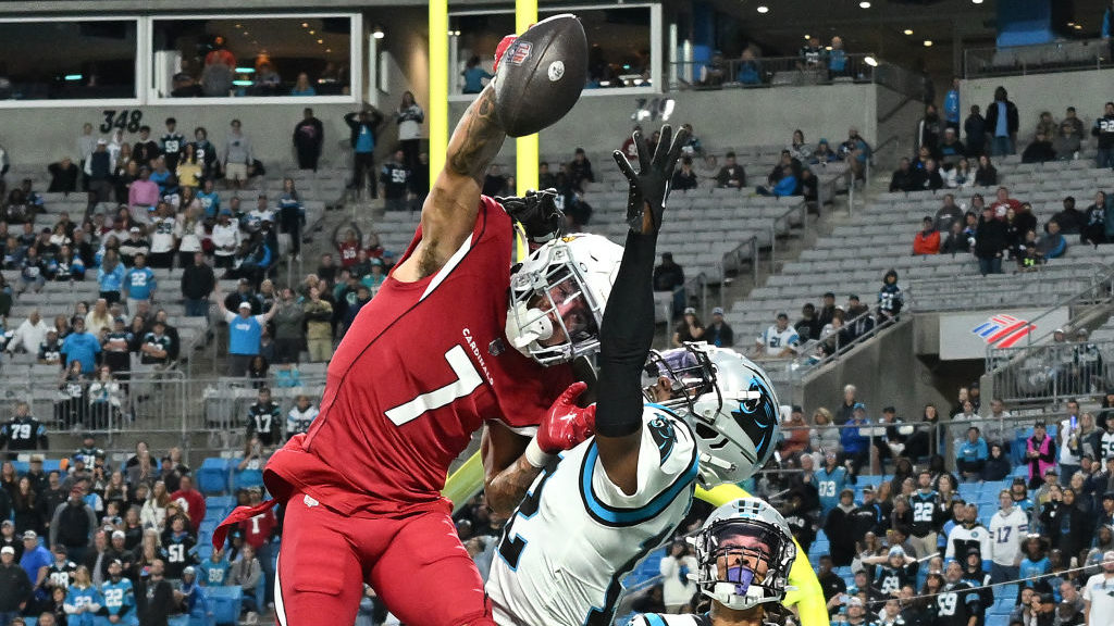 Byron Murphy Jr. #7 of the Arizona Cardinals defends a two-point conversion during the fourth quart...