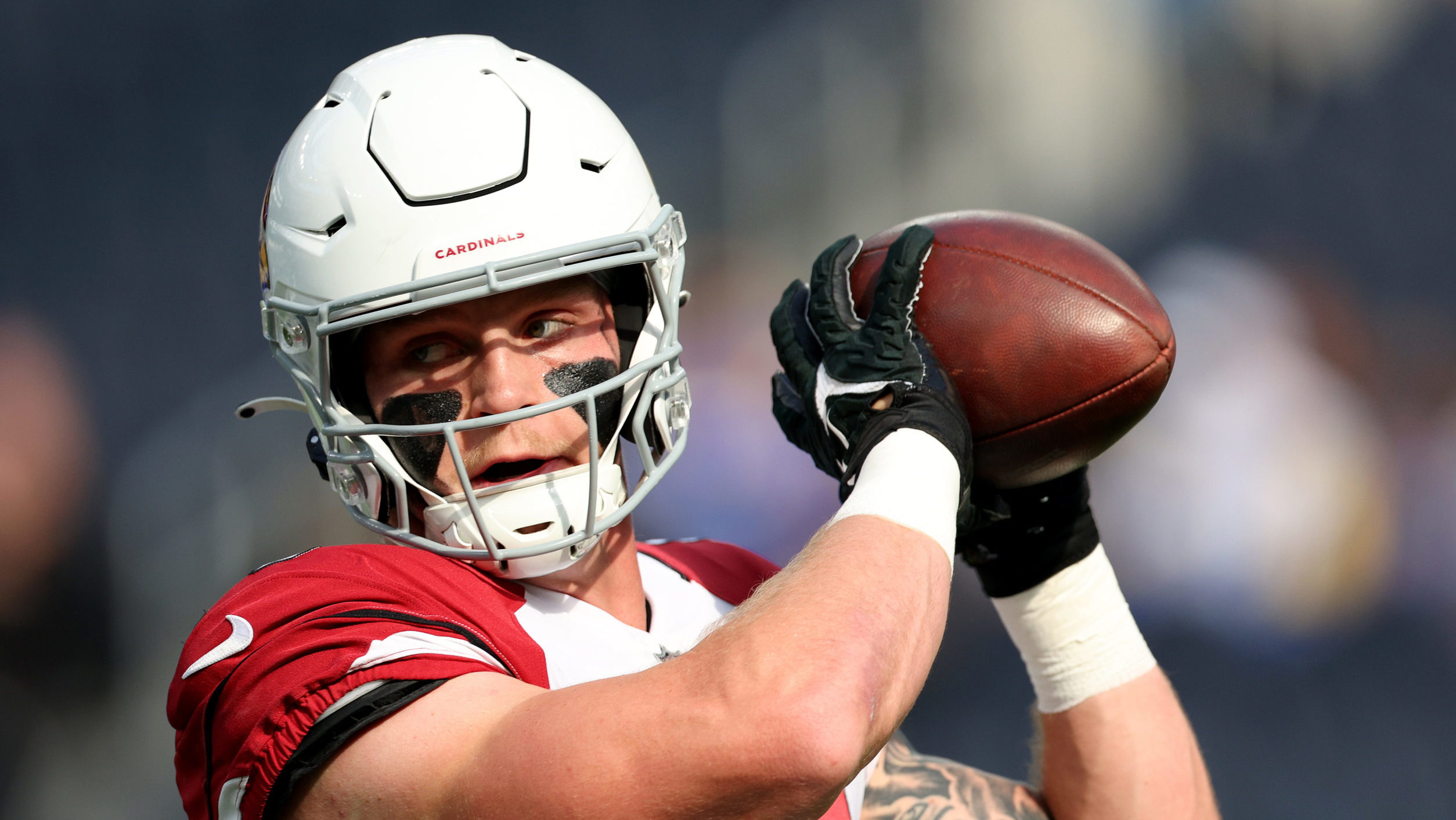 Trey McBride #85 of the Arizona Cardinals makes a catch during warm up before the game against the ...