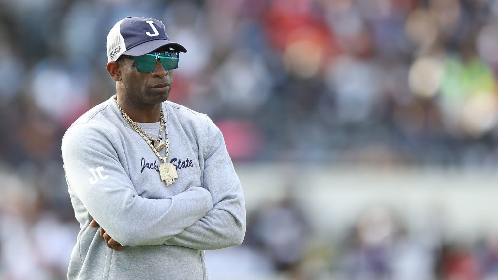 Head coach Deion Sanders of the Jackson State Tigers looks on before the game against the Southern ...