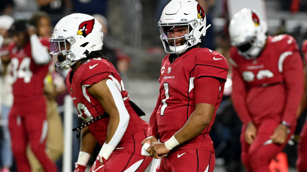 Kyler Murray #1 of the Arizona Cardinals warms up prior to the game against the New England Patriot...