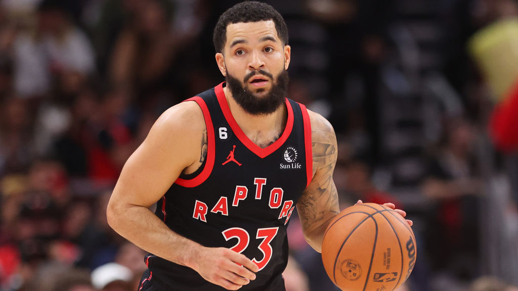 Fred VanVleet #23 of the Toronto Raptors dribbles up the court against the Chicago Bulls during the...