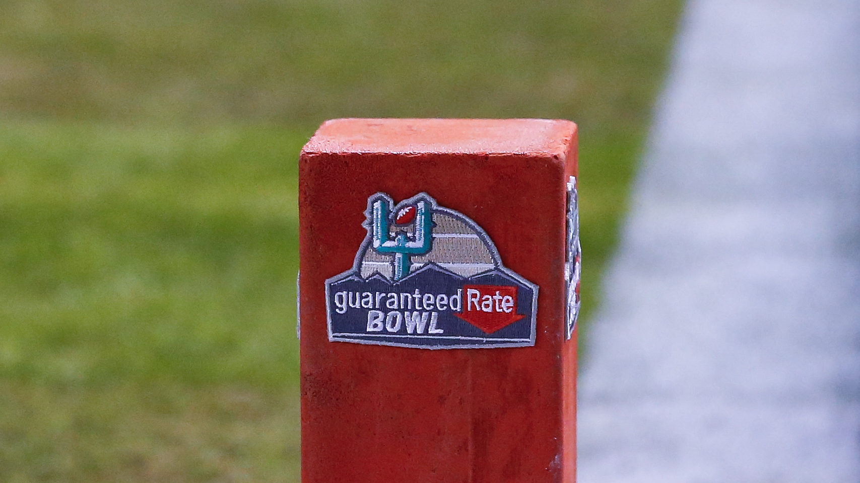 The Guaranteed Rate Bowl logo on an end zone marker before the Guaranteed Rate Bowl college footbal...