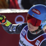 United States' Mikaela Shiffrin reacts after crossing the finish line to complete an alpine ski, women's World Cup Super-G race, in St. Moritz, Switzerland, Sunday, Dec. 18, 2022. (AP Photo/Marco Trovati)