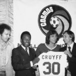 
              FILE - Soccer star Pele, left, and Cosmos team captain Werner Roth, center, presents soccer jersey to Dutch superstar Johan Cruyff at a press conference in New York on Thursday, August 3, 1978, where it was announced that Cruyff will play in two exhibition games with the Cosmos following the 1978 Naslhseason. It was also agreed that if Cruyff ever plays soccer again in the future, he would only play for the Cosmos. (AP Photo/ Marty Lederhandler, File)
            