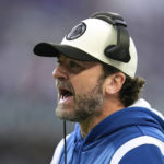 Indianapolis Colts interim head coach Jeff Saturday watches from the sideline during the first half of an NFL football game against the Minnesota Vikings, Saturday, Dec. 17, 2022, in Minneapolis. (AP Photo/Abbie Parr)