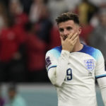 
              England's Mason Mount reacts during the World Cup quarterfinal soccer match between England and France, at the Al Bayt Stadium in Al Khor, Qatar, Sunday, Dec. 11, 2022. (AP Photo/Frank Augstein)
            