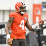 
              Cleveland Browns quarterback Deshaun Watson stands on the field during an NFL football practice at the team's training facility Wednesday, Nov. 30, 2022, in Berea, Ohio. (AP Photo/David Richard)
            