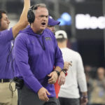 
              TCU head coach Sonny Dykes shouts from the sidelines during the first half of the Big 12 Conference championship NCAA college football game against Kansas State, Saturday, Dec. 3, 2022, in Arlington, Texas. (AP Photo/LM Otero)
            