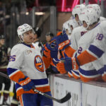 New York Islanders defenseman Sebastian Aho (25) celebrates with teammates after scoring a goal against the Arizona Coyotes in the first period during an NHL hockey game, Friday, Dec. 16, 2022, in Tempe, Ariz. (AP Photo/Rick Scuteri)