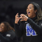 
              Memphis head coach Katrina Merriweather communicates with players during the first half of an NCAA college basketball game against South Carolina Saturday, Dec. 3, 2022, in Columbia, S.C. (AP Photo/Sean Rayford)
            