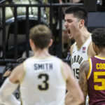 
              Purdue center Zach Edey (15) reacts after scoring during the first half of an NCAA college basketball game against Minnesota, Sunday, Dec. 4, 2022, in West Lafayette, Ind. (AP Photo/Doug McSchooler)
            