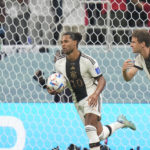 
              Germany's Serge Gnabry, centre, celebrates after scoring his side's opening goal during the World Cup group E soccer match between Costa Rica and Germany at the Al Bayt Stadium in Al Khor, Qatar, Thursday, Dec.1, 2022. (AP Photo/Moises Castillo)
            