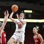 
              Maryland's Abby Meyers, right, shoots as Nebraska's Allison Weidner defends in the first half of an NCAA college basketball game, Sunday, Dec. 4, 2022, in College Park, Md. (AP Photo/Gail Burton)
            
