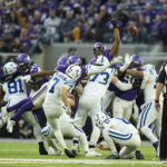 Indianapolis Colts place kicker Chase McLaughlin (7) kicks a field goal during the second half of an NFL football game against the Minnesota Vikings, Saturday, Dec. 17, 2022, in Minneapolis. (AP Photo/Abbie Parr)