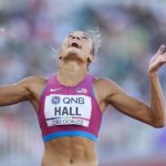 
              Anna Hall, of the United States, wins a heat in the women's heptathlon 200-meter run at the World Athletics Championships on Sunday, July 17, 2022, in Eugene, Ore. (AP Photo/Ashley Landis)
            