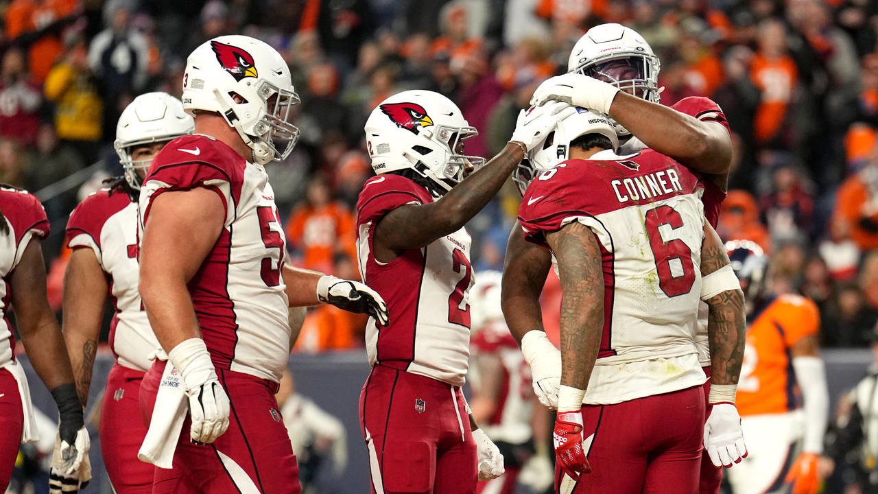 Arizona Cardinals running back James Conner (6) celebrates after scoring a touchdown against the De...