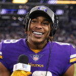 Minnesota Vikings wide receiver Justin Jefferson is interviewed after an NFL football game against the Indianapolis Colts, Saturday, Dec. 17, 2022, in Minneapolis. The Vikings won 39-36 in overtime. (AP Photo/Abbie Parr)