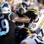 Pittsburgh Steelers quarterback Mitch Trubisky scores during the second half of an NFL football game between the Carolina Panthers and the Pittsburgh Steelers on Sunday, Dec. 18, 2022, in Charlotte, N.C. (AP Photo/Jacob Kupferman)