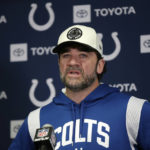 Indianapolis Colts interim head coach Jeff Saturday speaks during a news conference after an NFL football game against the Minnesota Vikings, Saturday, Dec. 17, 2022, in Minneapolis. The Vikings won 39-36 in overtime. (AP Photo/Andy Clayton-King)