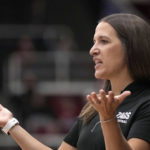 Gonzaga head coach Lisa Fortier gestures after a referee's call during the first half of an NCAA college basketball game against Stanford in Stanford, Calif., Sunday, Dec. 4, 2022. (AP Photo/Tony Avelar)