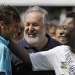 
              FILE - Soccer player Neymar, left, and Brazalian soccer legend Pele, share a laugh during a centennial anniversary celebration of the team in Santos, Brazil. Pelé, the Brazilian king of soccer who won a record three World Cups and became one of the most commanding sports figures of the last century, died in Sao Paulo on Thursday, Dec. 29, 2022. He was 82.  (AP Photo/Nelson Antoine, File)
            