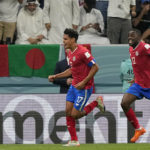 
              Costa Rica's Yeltsin Tejeda, left, celebrates after scoring his side's first goal during the World Cup group E soccer match between Costa Rica and Germany at the Al Bayt Stadium in Al Khor , Qatar, Thursday, Dec. 1, 2022. (AP Photo/Martin Meissner)
            