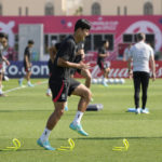 South Korea's Kwon Kyung-won warms up during the South Korea's official training on the eve of the World Cup round of 16 soccer match between Brazil and South Korea at the Al Egla Training Site 5 in Doha, Qatar, Sunday, Dec. 4, 2022. (AP Photo/Lee Jin-man)
