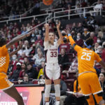 Stanford guard Hannah Jump (33) shoots a 3-point basket against Tennessee during the first half of an NCAA college basketball game in Stanford, Calif., Sunday, Dec. 18, 2022. (AP Photo/Godofredo A. Vásquez)
