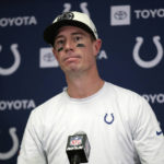 Indianapolis Colts quarterback Matt Ryan speaks during a news conference after an NFL football game against the Minnesota Vikings, Saturday, Dec. 17, 2022, in Minneapolis. The Vikings won 39-36 in overtime. (AP Photo/Andy Clayton-King)