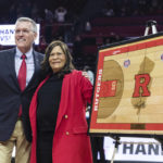 
              Director of Athletics at Rutgers University, Pat Hobbs, left, with former Rutgers head coach, C. Vivian Stringer, at a ceremony held in her honor during half time at the Big Ten Conference women's college basketball game between the Rutgers Scarlet Knights and the Ohio State Buckeyes in Piscataway, N.J., Sunday, Dec. 4, 2022.  (AP Photo/Stefan Jeremiah)
            